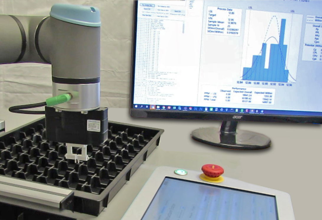 Automated Metrology System using NSR-PG gripper, metrology fingertips kit and data logging software with Universal Robots UR3e cobot